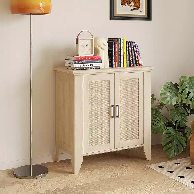 Buffet en rotin de 76,2 cm avec portes et étagère réglable, chêne naturel