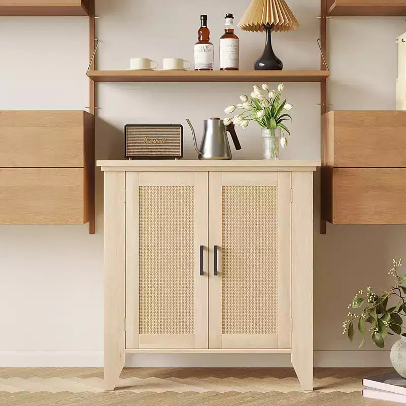 Buffet en rotin de 76,2 cm avec portes et étagère réglable, chêne naturel