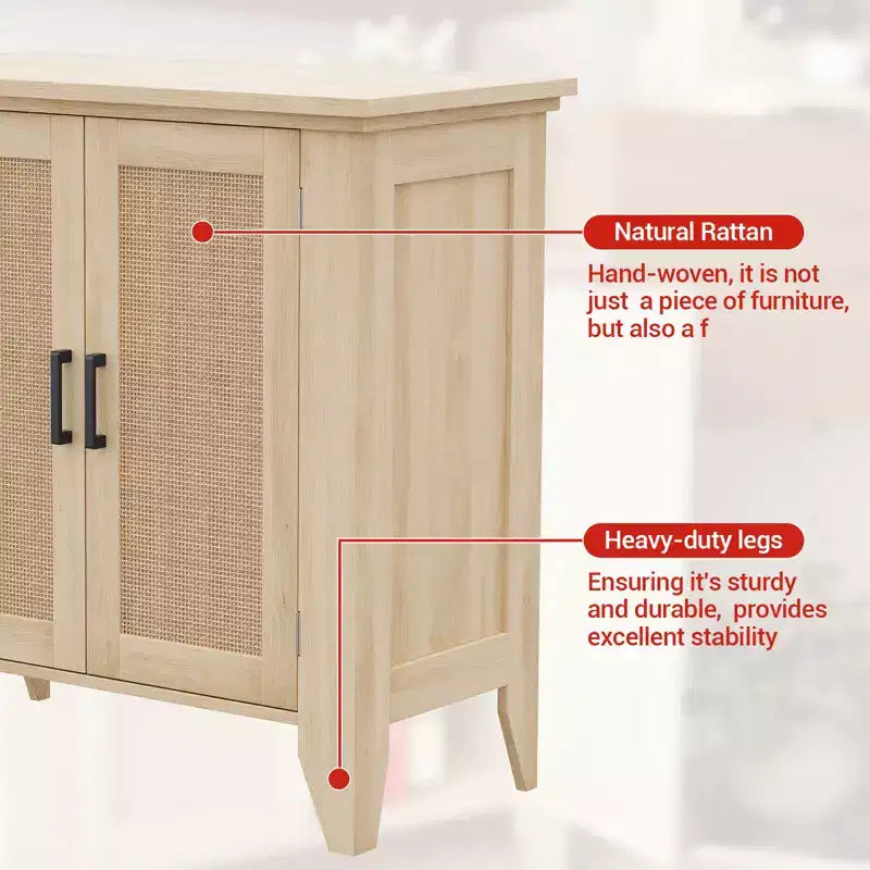 Buffet en rotin de 76,2 cm avec portes et étagère réglable, chêne naturel