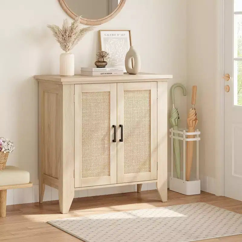 Buffet en rotin de 76,2 cm avec portes et étagère réglable, chêne naturel
