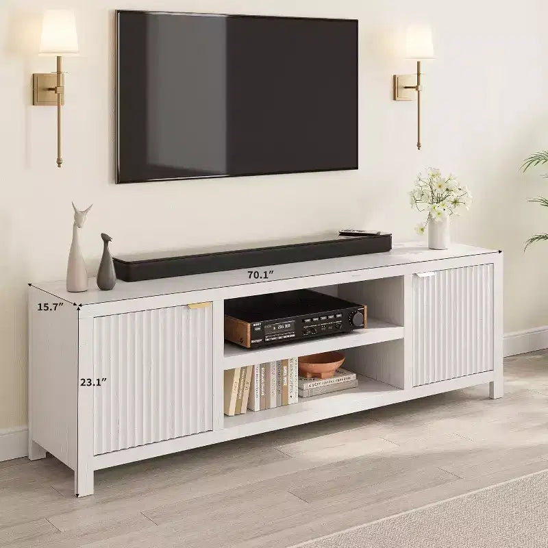 Meuble TV cannelé de 203 cm avec poignées dorées et 4 compartiments de rangement, blanc