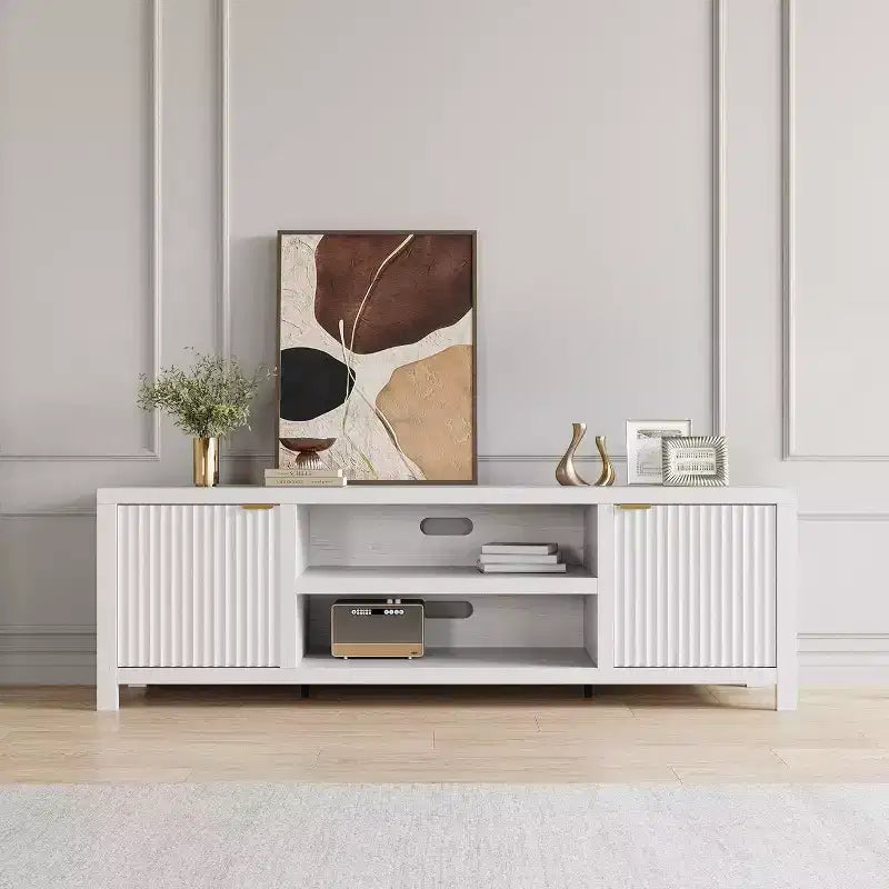 Meuble TV cannelé de 203 cm avec poignées dorées et 4 compartiments de rangement, blanc