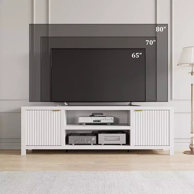 Meuble TV cannelé de 203 cm avec poignées dorées et 4 compartiments de rangement, blanc