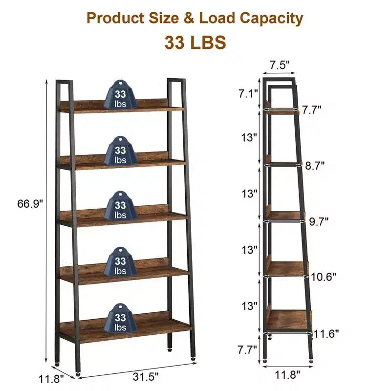 Étagère industrielle étroite à 5 niveaux de 170 cm de haut avec cadre en métal, marron rouille
