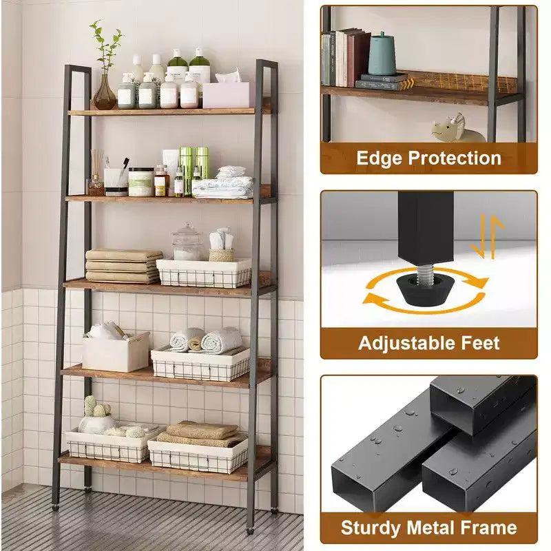 Étagère industrielle étroite à 5 niveaux de 170 cm de haut avec cadre en métal, marron rouille