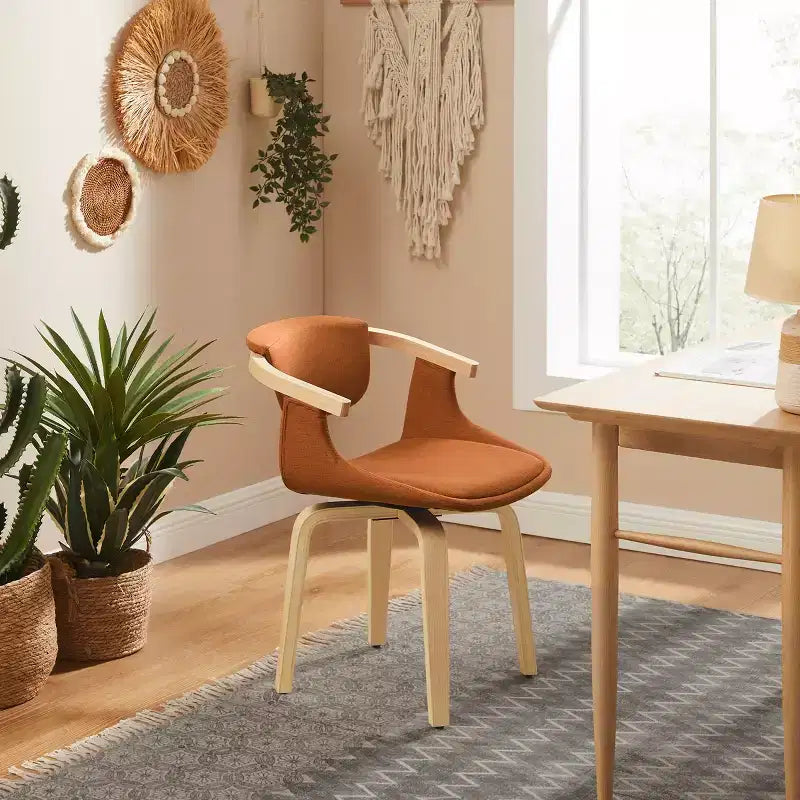 Chaise de salle à manger pivotante rembourrée en tissu avec accoudoirs en bois et finition naturelle