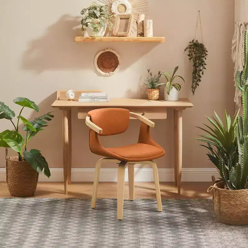 Chaise de salle à manger pivotante rembourrée en tissu avec accoudoirs en bois et finition naturelle