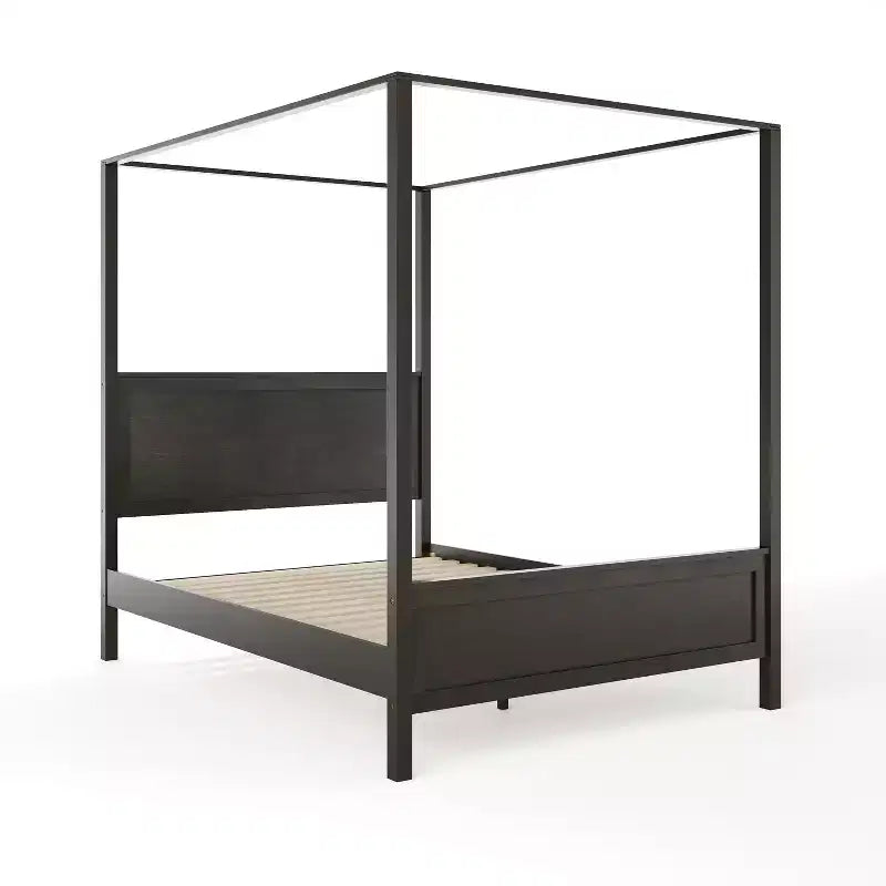 Lit plateforme à baldaquin Queen Size en bois massif avec tête et pied de lit en bois, sommier tapissier non requis, gris foncé