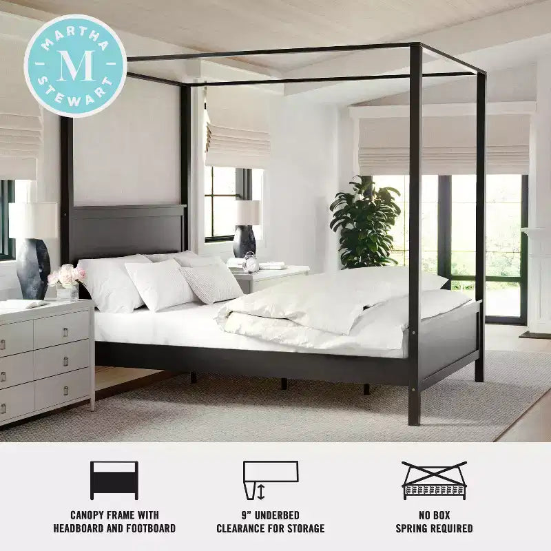 Lit plateforme à baldaquin Queen Size en bois massif avec tête et pied de lit en bois, sommier tapissier non requis, gris foncé