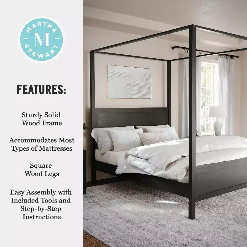 Lit plateforme à baldaquin Queen Size en bois massif avec tête et pied de lit en bois, sommier tapissier non requis, gris foncé