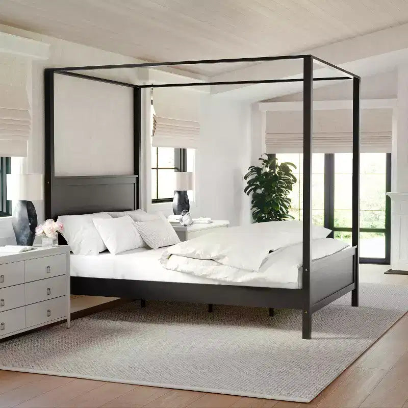 Lit plateforme à baldaquin Queen Size en bois massif avec tête et pied de lit en bois, sommier tapissier non requis, gris foncé