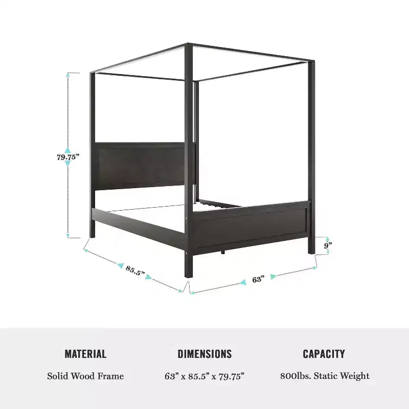 Lit plateforme à baldaquin Queen Size en bois massif avec tête et pied de lit en bois, sommier tapissier non requis, gris foncé