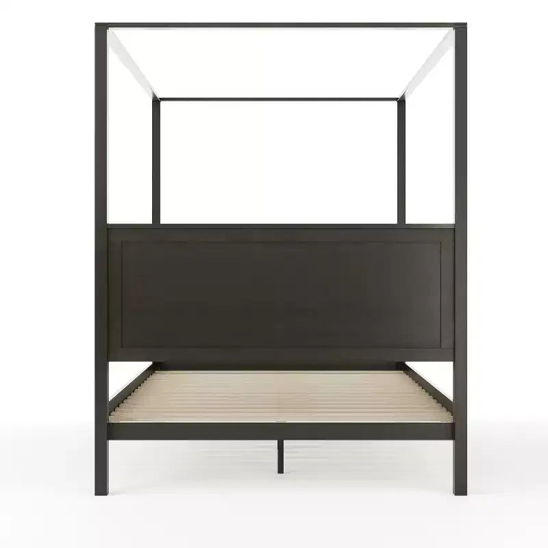 Lit plateforme à baldaquin Queen Size en bois massif avec tête et pied de lit en bois, sommier tapissier non requis, gris foncé