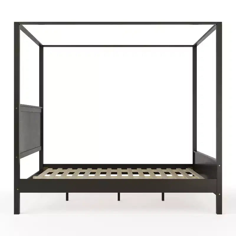 Lit plateforme à baldaquin Queen Size en bois massif avec tête et pied de lit en bois, sommier tapissier non requis, gris foncé