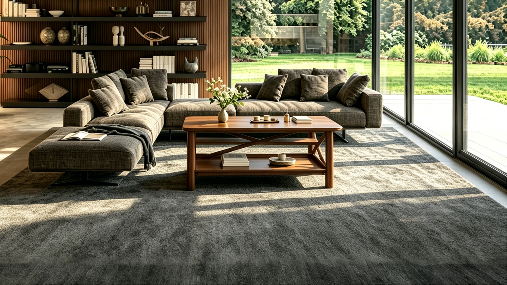Table basse rectangulaire en bois, finition noyer brun avec étagère inférieure et panneaux entrecroisés