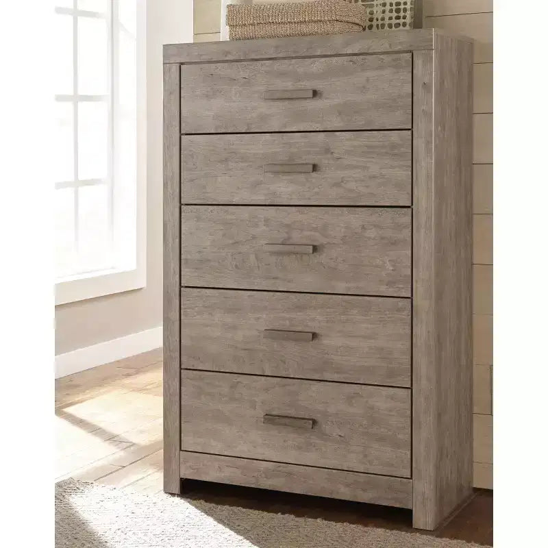 Commode à 5 tiroirs, finition bois flotté gris vieilli