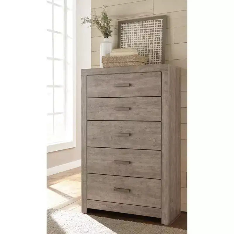 Commode à 5 tiroirs, finition bois flotté gris vieilli
