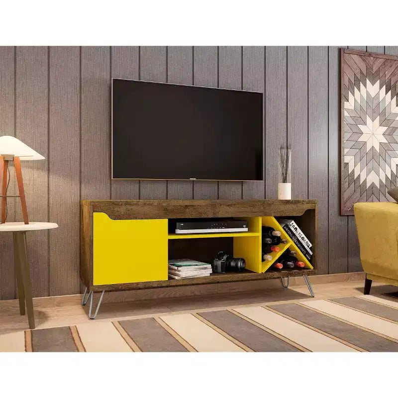 Meuble TV Mid-Century Modern pour téléviseurs jusqu'à 50", Marron rustique/Jaune avec range-bouteilles