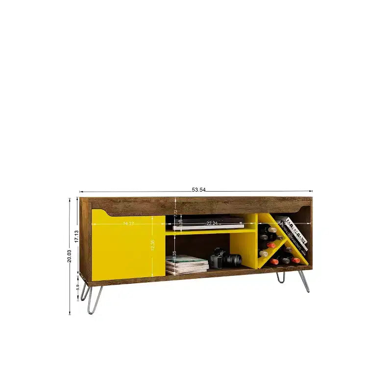 Meuble TV Mid-Century Modern pour téléviseurs jusqu'à 50", Marron rustique/Jaune avec range-bouteilles