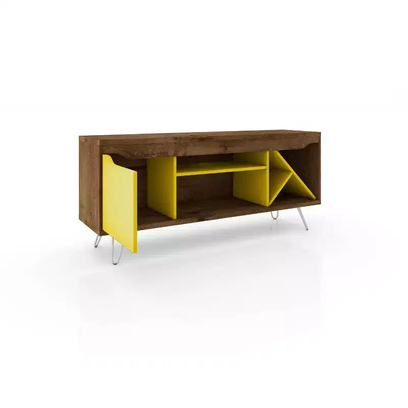 Meuble TV Mid-Century Modern pour téléviseurs jusqu'à 50", Marron rustique/Jaune avec range-bouteilles
