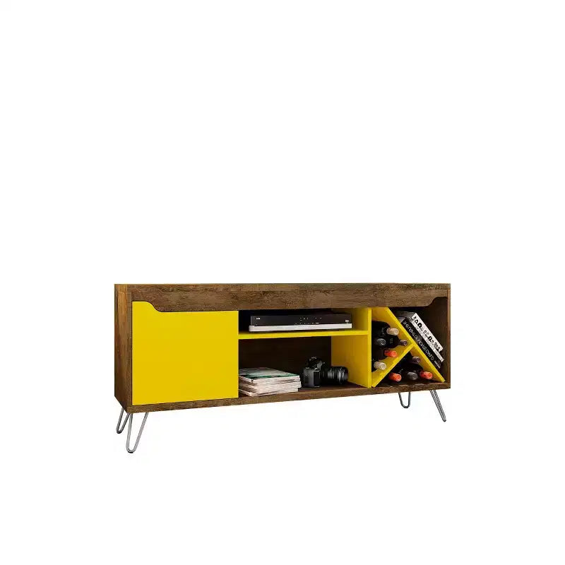 Meuble TV Mid-Century Modern pour téléviseurs jusqu'à 50", Marron rustique/Jaune avec range-bouteilles