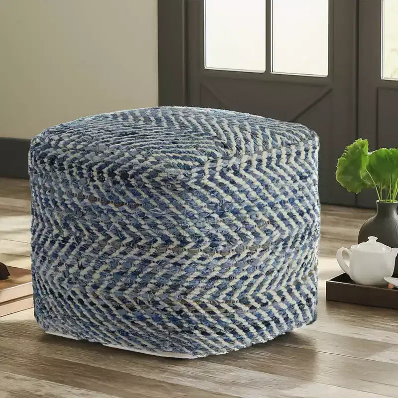 Pouf Chevron Bleu, Ottoman Carré Moderne Rembourré, Aucun Assemblage Requis