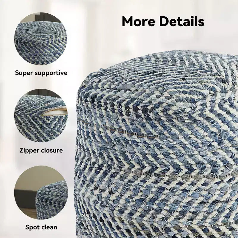 Pouf Chevron Bleu, Ottoman Carré Moderne Rembourré, Aucun Assemblage Requis