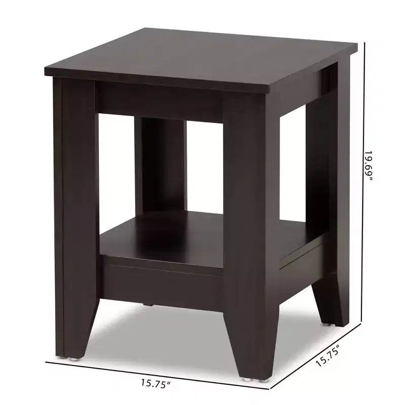Table d'appoint compacte en bois avec étagère de rangement et pieds fuselés, marron foncé