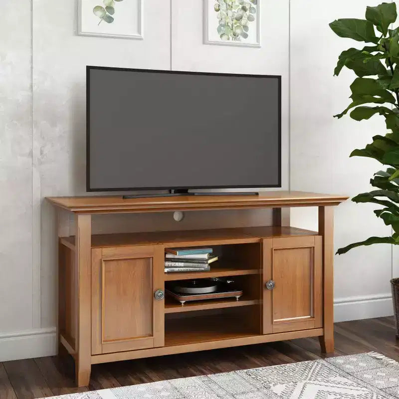 Meuble TV en bois massif pour téléviseurs jusqu'à 60 po, meuble média transitionnel de 54 po de large avec étagères réglables