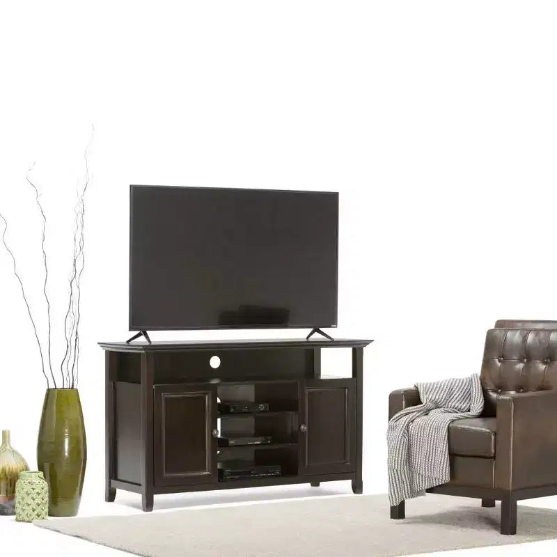 Meuble TV en bois massif pour téléviseurs jusqu'à 60 po, meuble média transitionnel de 54 po de large avec étagères réglables