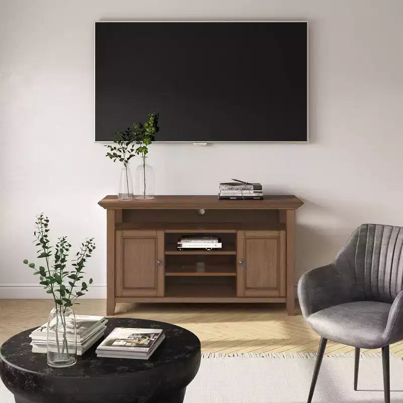 Meuble TV en bois massif pour téléviseurs jusqu'à 60 po, meuble média transitionnel de 54 po de large avec étagères réglables