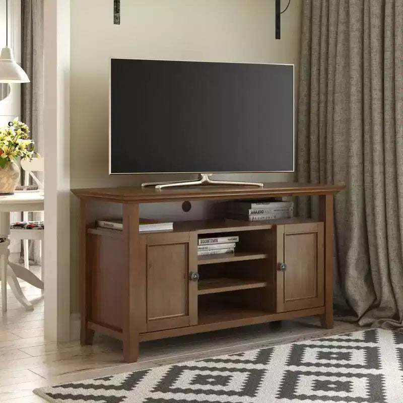 Meuble TV en bois massif pour téléviseurs jusqu'à 60 po, meuble média transitionnel de 54 po de large avec étagères réglables