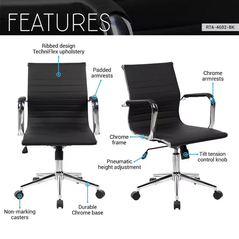 Fauteuil de bureau moderne à dossier mi-haut, rembourrage côtelé avec support lombaire