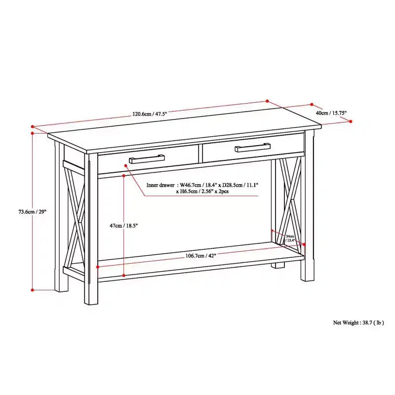 Table console canapé contemporaine de 47 po, grise avec 2 tiroirs et une étagère inférieure