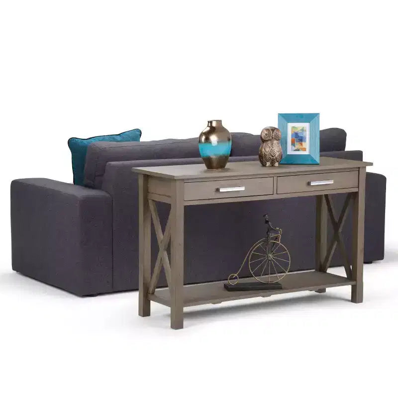 Table console canapé contemporaine de 47 po, grise avec 2 tiroirs et une étagère inférieure