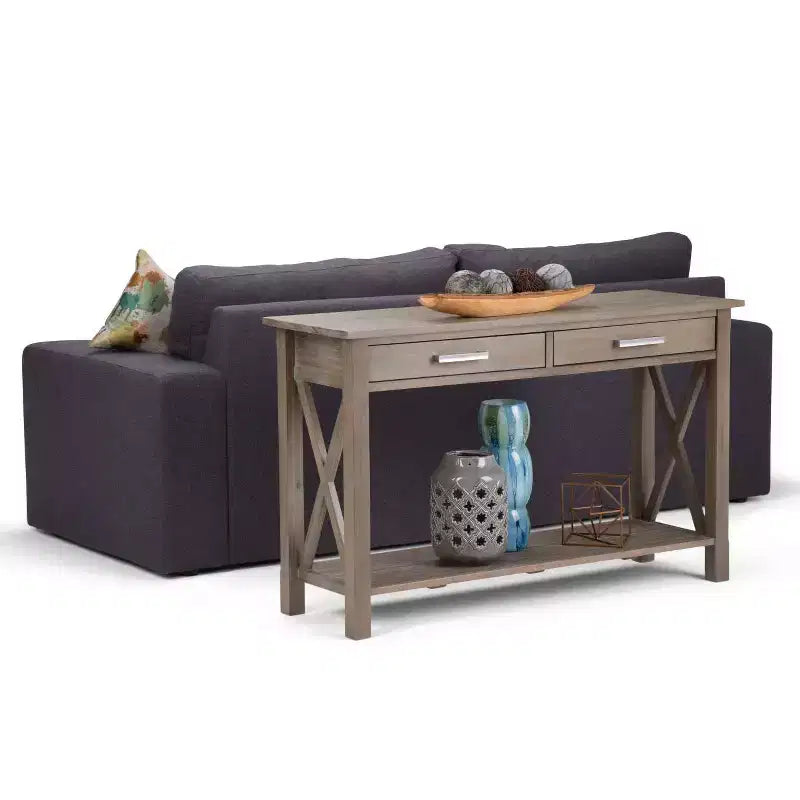 Table console canapé contemporaine de 47 po, grise avec 2 tiroirs et une étagère inférieure