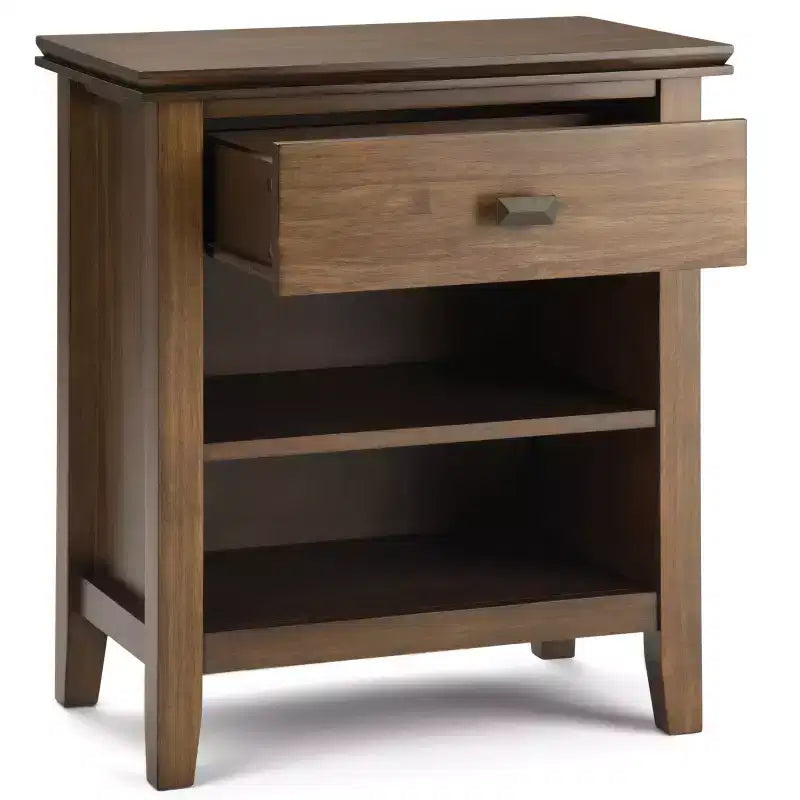 Table de chevet 24" avec tiroir et etagère ouverte, pin gris avec quincaillerie bronze