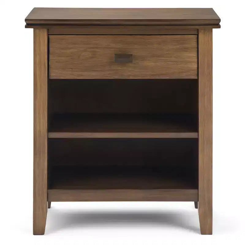 Table de chevet 24" avec tiroir et etagère ouverte, pin gris avec quincaillerie bronze