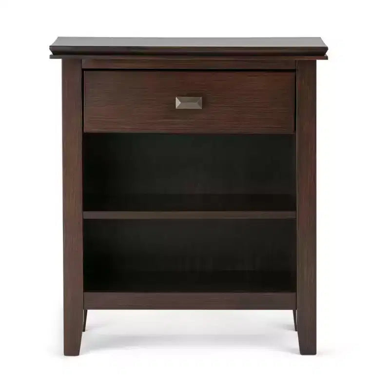 Table de chevet 24" avec tiroir et etagère ouverte, pin gris avec quincaillerie bronze
