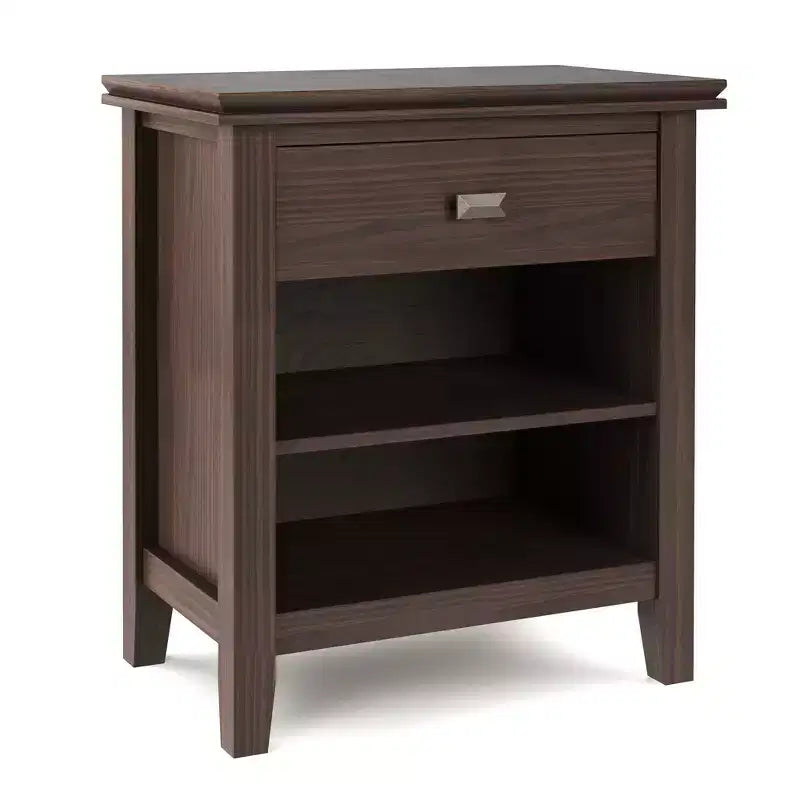 Table de chevet 24" avec tiroir et etagère ouverte, pin gris avec quincaillerie bronze