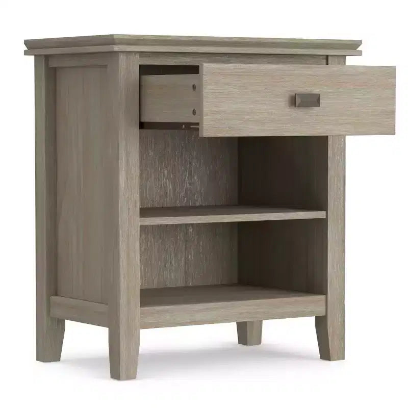 Table de chevet 24" avec tiroir et etagère ouverte, pin gris avec quincaillerie bronze
