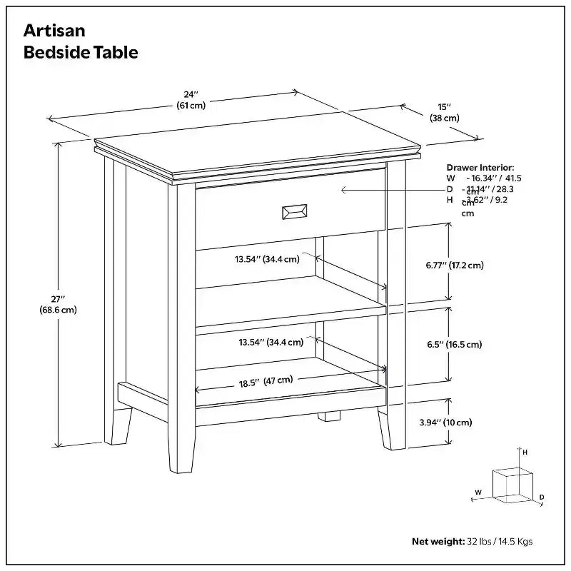 Table de chevet 24" avec tiroir et etagère ouverte, pin gris avec quincaillerie bronze