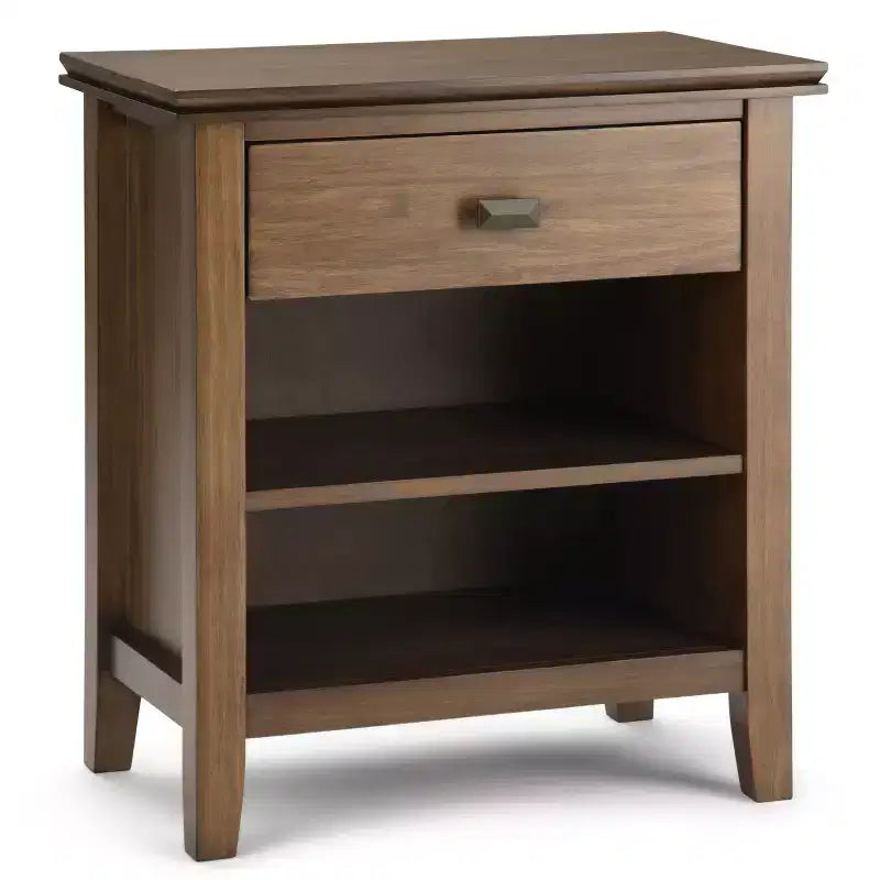Table de chevet 24" avec tiroir et etagère ouverte, pin gris avec quincaillerie bronze