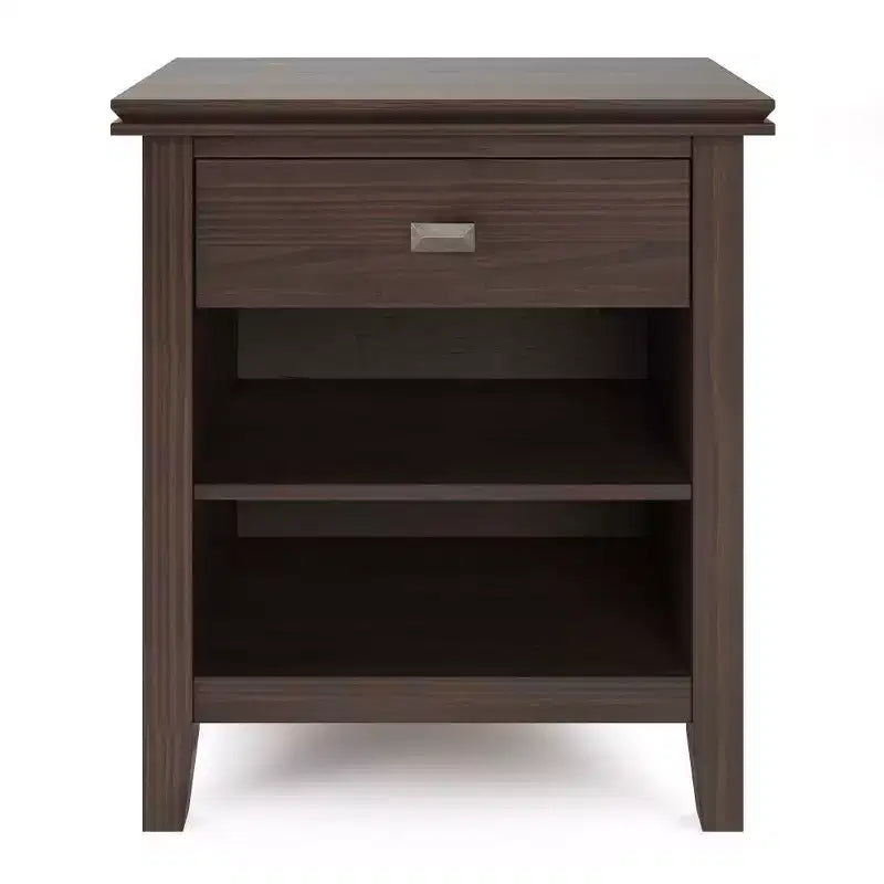 Table de chevet 24" avec tiroir et etagère ouverte, pin gris avec quincaillerie bronze