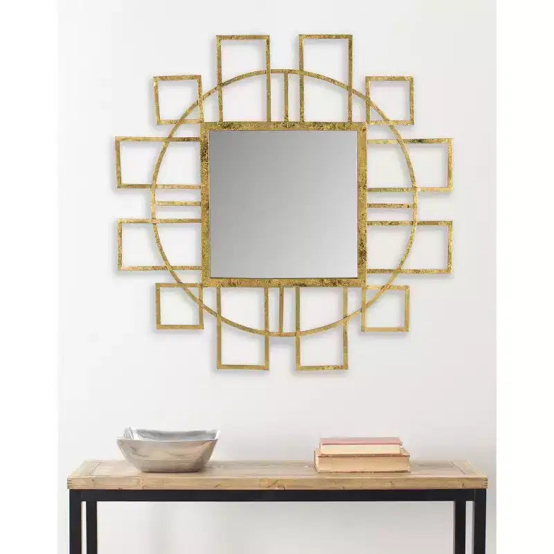 Miroir mural géométrique doré, cadre artisanal en fer et MDF, 38 x 38 cm
