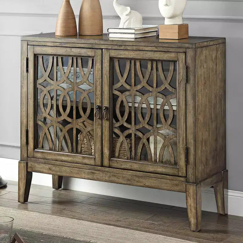 Meuble d'appoint de 102 cm de large avec porte vitrée et étagère réglable, finition parchemin vieilli