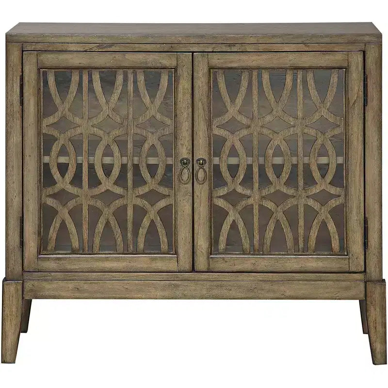 Meuble d'appoint de 102 cm de large avec porte vitrée et étagère réglable, finition parchemin vieilli