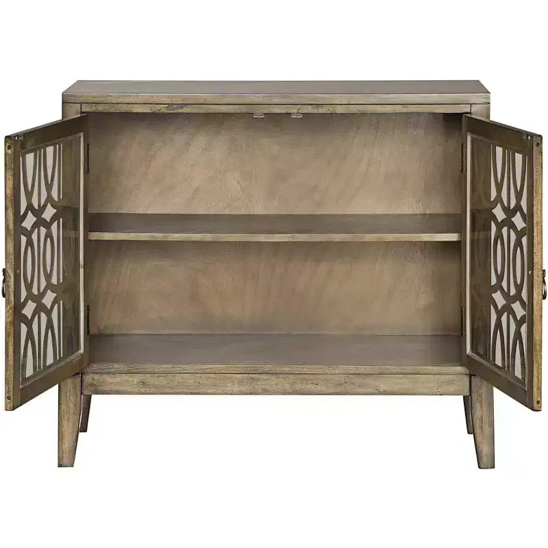 Meuble d'appoint de 102 cm de large avec porte vitrée et étagère réglable, finition parchemin vieilli