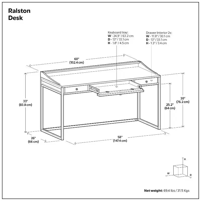 Bureau de 152 cm de large avec tablette coulissante pour clavier et 2 tiroirs, contreplaqué et structure métallique