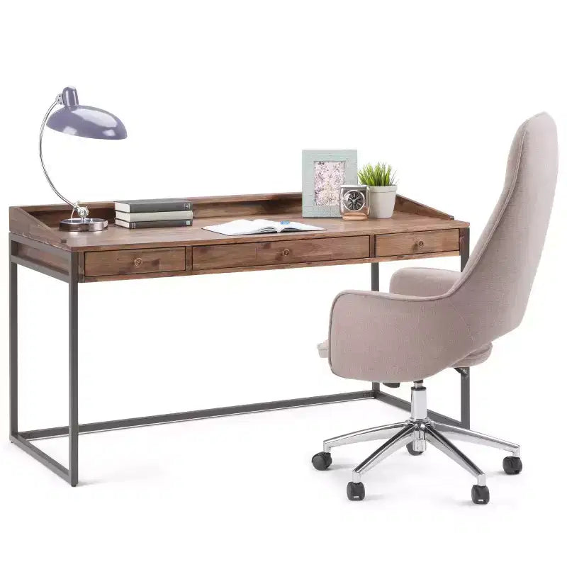 Bureau de 152 cm de large avec tablette coulissante pour clavier et 2 tiroirs, contreplaqué et structure métallique